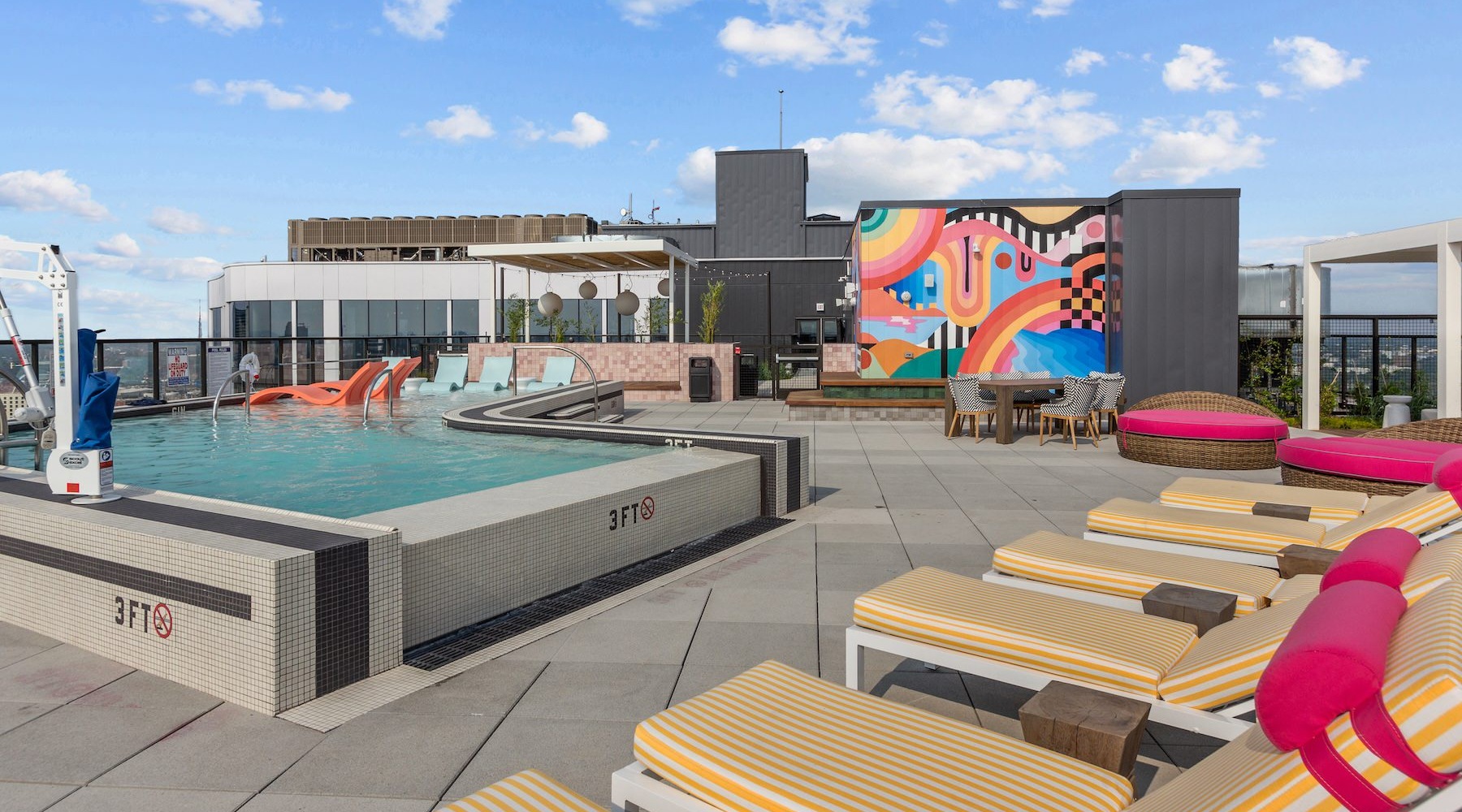 a rooftop pool with lounge chairs